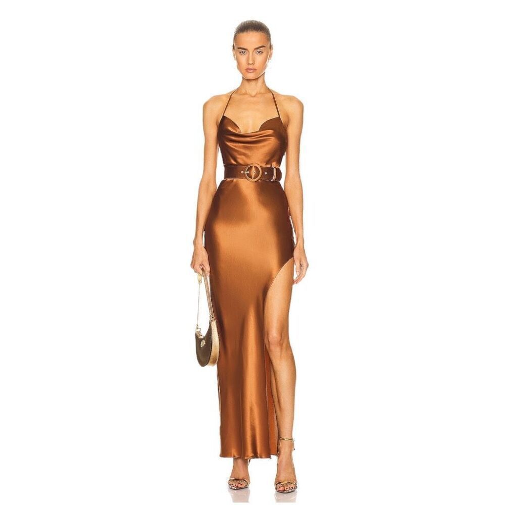 NICHOLAS Lucinda Halter Cowl Neck Gown in Hazelnut‎